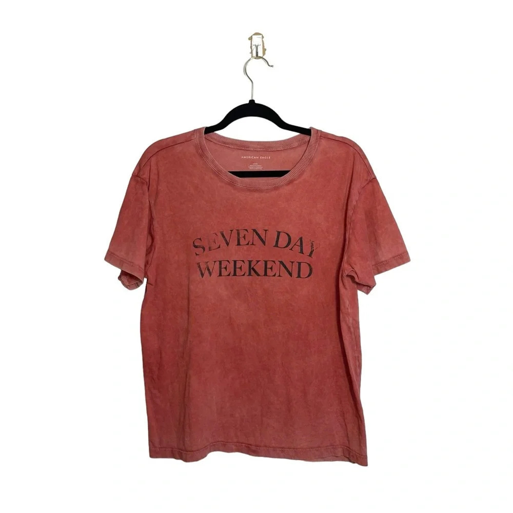 American Eagle 100% Cotton Red Acid Wash Weekend Graphic Boxy Tee Medium Women’s